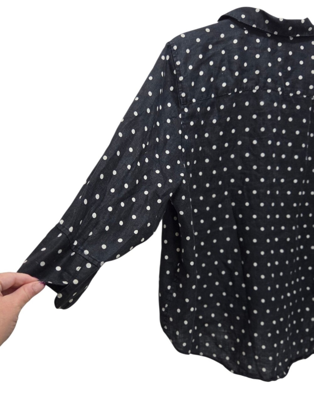 Chico's 3 XL Black White Polka Dot 100% Linen Tie Front 3/4 Sleeve Shirt - Picture 6 of 7